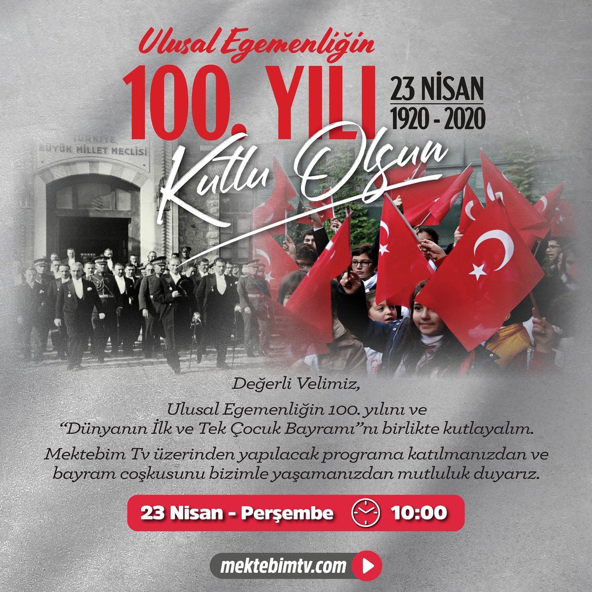 Yan yana olamasak da can canayız... 23 Nisan Ulusal Egemenlik ve Çocuk Bayramı Törenimiz saat 10:00’da mektebimtv.com da.

#Mektebim
#GelecekBenim
#ulusalegemenlik100yaşında   #tümdünyanıntekçocukbayramı
#EvdeKal