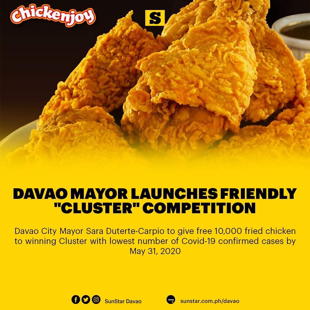 poet512's tweet photo. For us to win the 10, 000 pieces fried chicken, our goal cluster 1 is to maintain or lower our present number of COVID-19 cases! Go, go Cluster 1! Kaya natin to!
#clusterwars
#davaocitylifeishere https://t.co/ojZo21BSRO