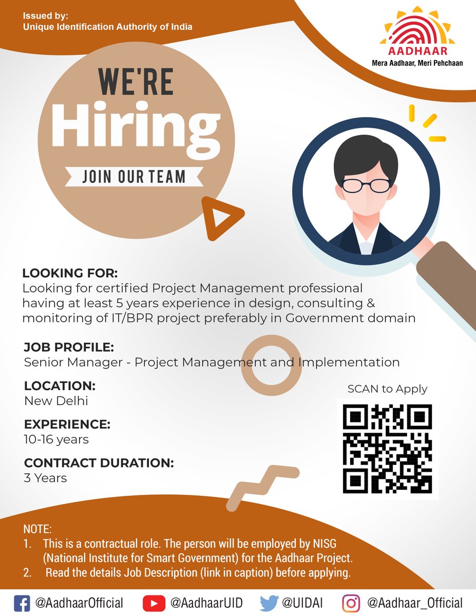 UIDAI's tweet photo. #UIDAIisHiring for the profile of Senior Manager - Project Management and Implementation for New Delhi location. Interested candidates may directly apply from:
https://t.co/stArWJ55DF https://t.co/m5q4KwfNRx