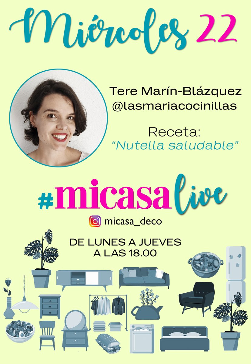 #MicasaLive (18:00 h.)
Hoy cocinamos con @LasMaRíACoCiNiLlaS 
Cómo hacer una NUTELLA SALUDABLE
👉🏻 instagram.com/micasa_deco/