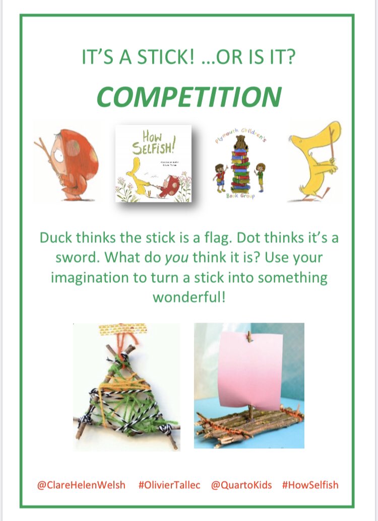 ClareHelenWelsh's tweet image. Anyone looking for a #homeschool activity, look no further! Send us a photo of your stick creations for your chance to win a signed copy of How Selfish! (Closes Fri 24th 3pm) #HowSelfish #DotandDuck @quartokids #OlivierTallec @PlymChnBookGrp