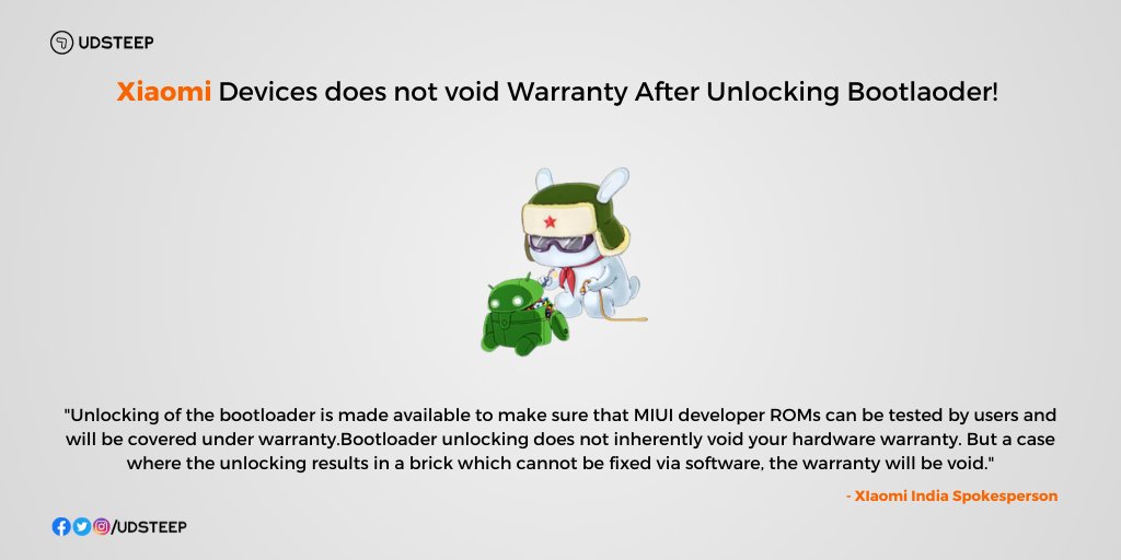 udsteep's tweet photo. Xiaomi Devices does not void Warranty After Unlocking Bootloader! 

Source: #XDADevelopers

#Xiaomi #Redmi #BootloaderUnlock #XiaomiIndia #MiFan #PhoneWarranty #Warranty #RedmiIndia #Bootloader
#UDSTEEP https://t.co/2wIkrVXQVJ