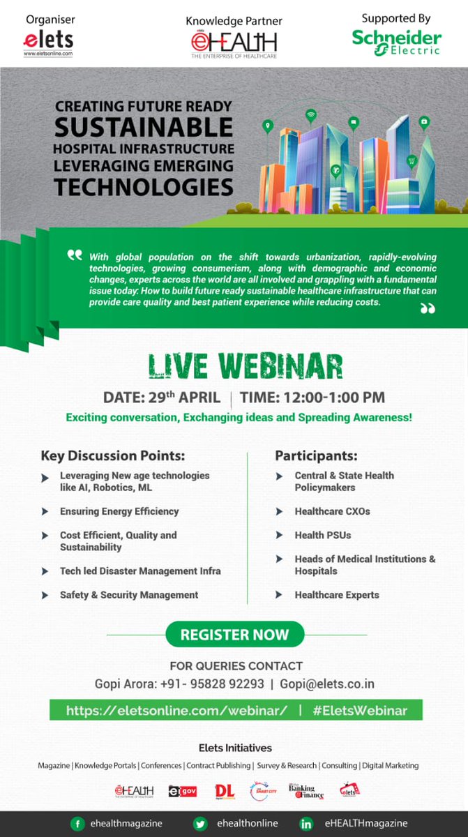 ehealthonline's tweet image. Elets along with eHealth has come up with yet another webinar on April 29 at 12 to 1: 00 pm. Topic: Creating Future Ready Sustainable Healthcare Infrastructure Leveraging Emerging Technologies. 
For registration click: elets.co.in/webinar/167.ht… #Innovation #SustainableModel
