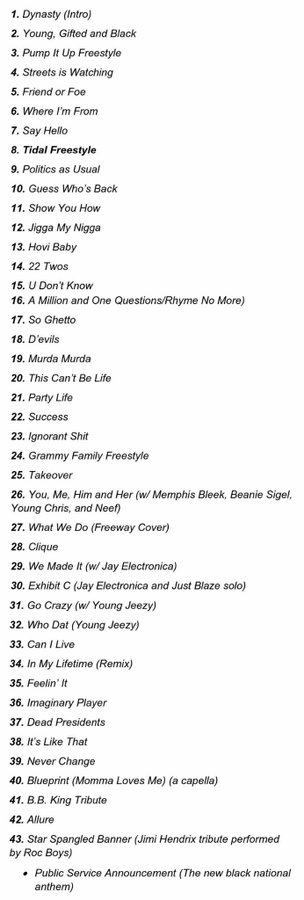 WhereImFrom96's tweet photo. Setlists from the 1st and 2nd B-Sides shows (2015 &amp; 2019)

No hit songs, just b-side songs from his vast catalog.

Jay-Z vs who again? https://t.co/szN6chSHsk