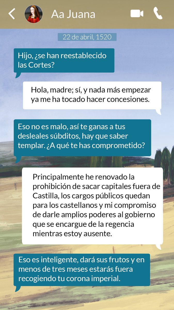 villalar2021's tweet photo. El 22 de abril de 1520 se reúnen las Cortes en La Coruña #CarlosI informa por whatsapp a su madre #Juana. #AdrianoDeUtrecht, calienta que sales 🏃
#VCentenarioVillalar ⚔️
#Villalar2021 https://t.co/8tP2BQlJ2R