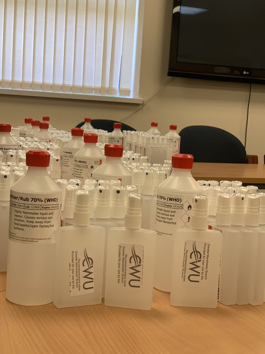 The MANCHESTER branch has invested in some hand sanitiser. Trying to do its little by way of appreciation for Postal our members <a href="/CWUnews/">CWU</a> <a href="/NWCWU/">Carl Webb - #joinaunion</a> <a href="/NWNWDIVISION/">CWU NORTH WALES/NORTH WEST DIVISION</a>