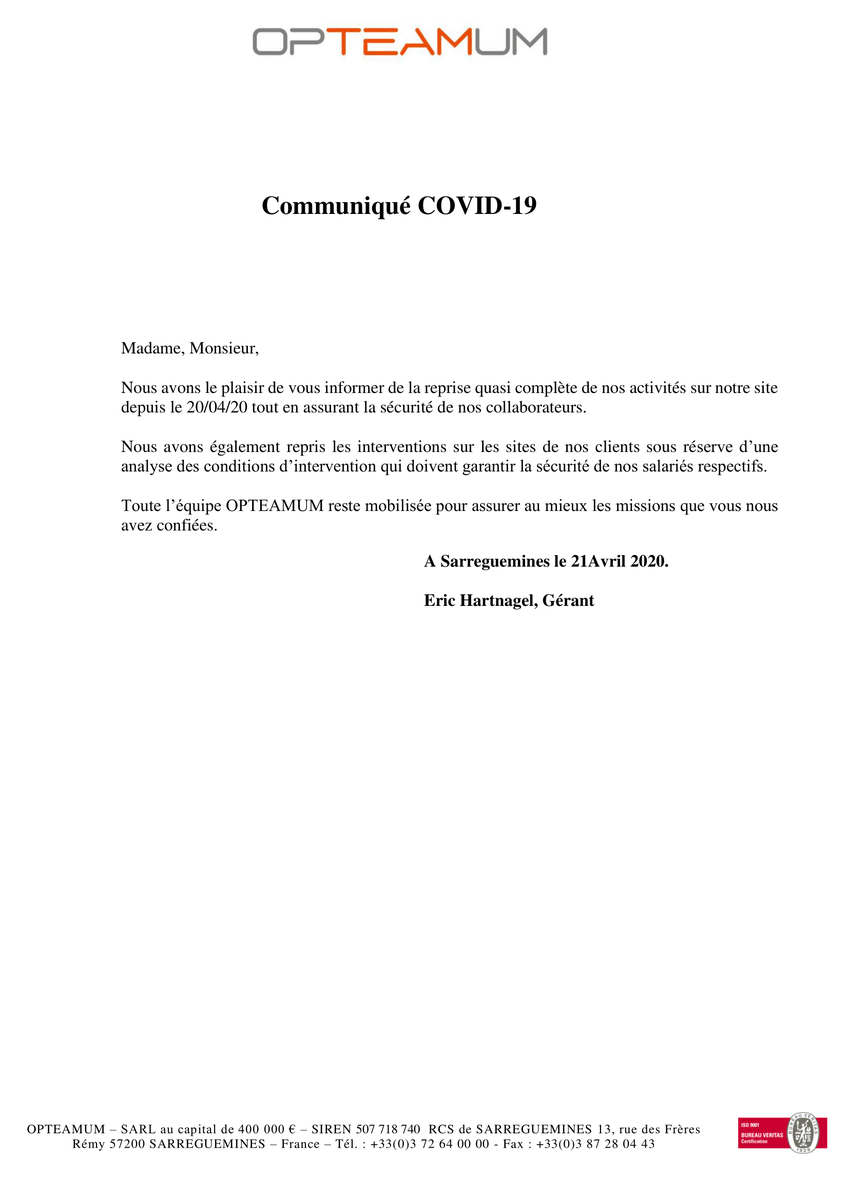 opteamumfr's tweet photo. Nous avons le plaisir de vous informer de la reprise quasi complète de nos activités sur notre site depuis le 20/04/20 tout en assurant la sécurité de nos collaborateurs.

Veuillez suivre le lien ci-dessous pour plus d'information :
https://t.co/J7IGKD1Iam

#COVID19 #OPTEAMUM https://t.co/q6zp7AoMrT