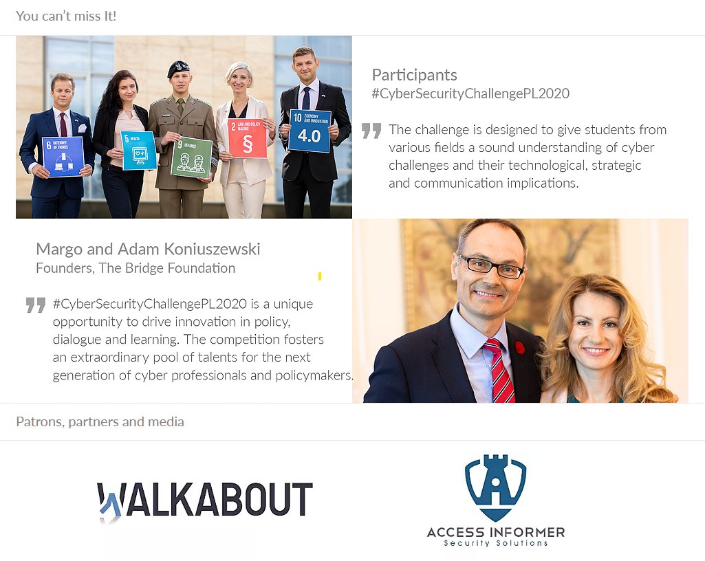 accessinformer's tweet photo. All the best to the various teams participating to the #CyberSecurityChallengePL2020 event this week.
Very impressed by @BridgeFoundatio and @CyberPoland for adapting so early to the pandemic and converting to an online event.
#CyberSecurity https://t.co/wZ3da0EkGy https://t.co/QgyO7HAhR4
