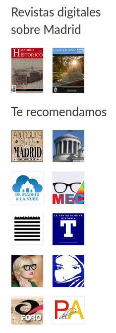 En la barra lateral, tenemos accesos directos a páginas que os recomendamos. Por ahora tenemos a <a href="/madridhistorico/">Madrid Histórico</a> <a href="/gateravilla/">gateravilla</a> @_antiguoscafes <a href="/ArteEnMadrid/">Arte en Madrid</a> <a href="/madridnube/">De Madrid a la Nube☁</a> <a href="/MadridEsCool/">Madrid Es Cool</a> <a href="/lalibreria/">Ed. La Libreria</a> <a href="/TertuHistoria/">TertuliaDeLaHistoria</a> <a href="/hdextrarradio/">Hipsterdeextrarradio</a> <a href="/MayritMadrid/">Mᴀʏʀɪᴛ</a> <a href="/PartedelArte/">Parte del Arte 🖼️</a> y el Foro del Viejo Madrid.