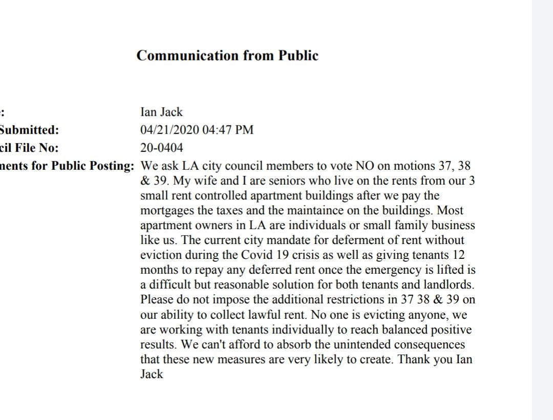 Landlords are straight up lying in their public comments. This is your "working class mom and pop landlord" - a guy with 30 years as a high-level mortgage banker, crying poverty because he only owns three BUILDINGS.