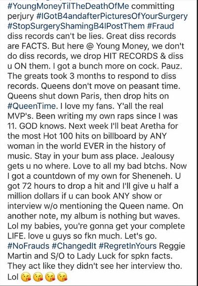 “Queen back in the U.S. Low iron, but you pressed”This line serves as a triple entendre. This was recorded right after Nicki came back from Paris where she had released the 3 pack (No Frauds, Changed It, Regret In Your Tears) This was during the era where felon dissed her.