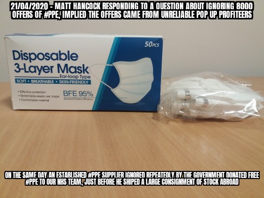 The kind  #PPE supplier that donated free masks to our  #NHS team yesterday is sending big pallets of  #PPE stock abroad today. That is because you don't respond to emails, phone calls & offers of  #PPE  @MattHancock. Why is that, really? /10