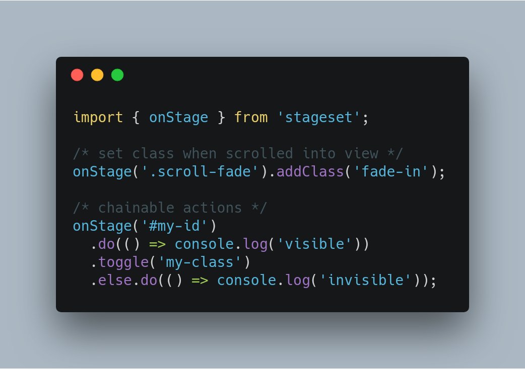 TimoBechtel's tweet photo. Day 55 - #111Challenge
"stageset" makes it pretty easy to trigger actions or animate elements with CSS when entering or exiting the browser viewport ("stage").
For example to fade elements in when scrolled into view.
https://t.co/9VKrDpKfZW
#100DaysOfCode #Javascript #onscroll https://t.co/VmWOKwiNcD