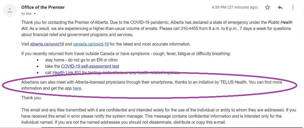 This basket of grifter bros is setting the table to corporatize health care. Who tf ever heard of a Premier's email auto-reply directing people to a PRIVATE HEALTH APP? Well Jason does that shit. He wants Albertans using Telus Babylon.