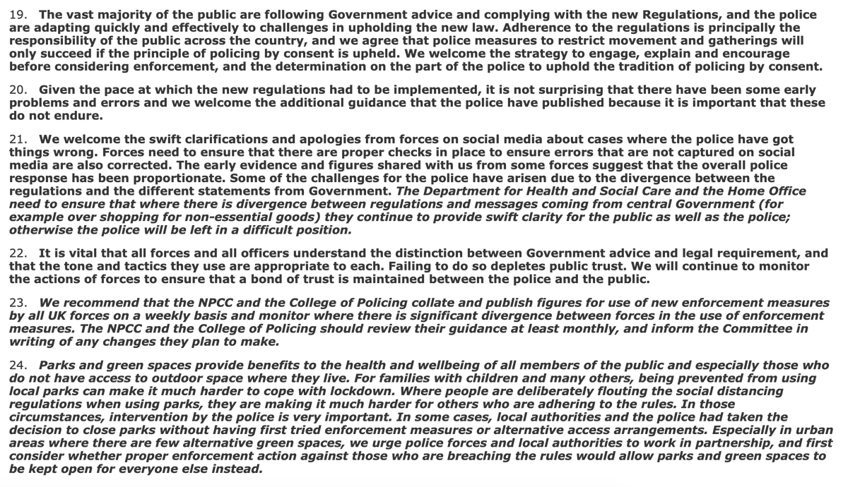 Some recent recommended articles and reports relating to coronavirus and human rights. First up,  @YvetteCooperMP's  @CommonsHomeAffs Committee published a report on policing during the pandemic - some good points here...  https://publications.parliament.uk/pa/cm5801/cmselect/cmhaff/232/23203.htm#_idTextAnchor000 /103