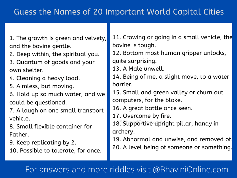 skål blive imponeret Aftale BhaviniOnline.com on Twitter: "WhatsApp Riddle: Guess the Names of 20  Important World Capital Cities https://t.co/yusa97qrVO  https://t.co/DhPhflw62p" / Twitter