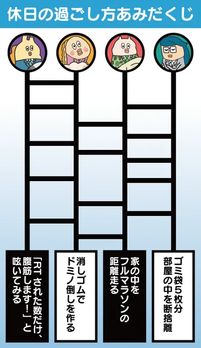 オススメの休日の過ごし方あみだくじを作ってみたっす。あっさり遊んでみてほしいっすね 