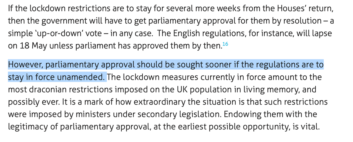 Useful report from  @instituteforgov  @Raphael_Hogarth on parliaments role during pandemic with nice timeline of recent emergency laws (breakneck pace) - I agree with necessity to debate & approve/amend lockdown regs as soon as possible  https://www.instituteforgovernment.org.uk/sites/default/files/publications/parliament-role-coronavirus.pdf /105