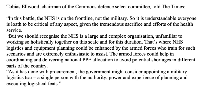 Gvt should consider appointing a military specialist as logistics tsar, says  @Tobias_Ellwood, chairman of Commons defence cmtte.He stressed "tremendous sacrifice and efforts" of NHS, but said its logistics could be enhanced by military who are "extremely enthusiastic to assist"