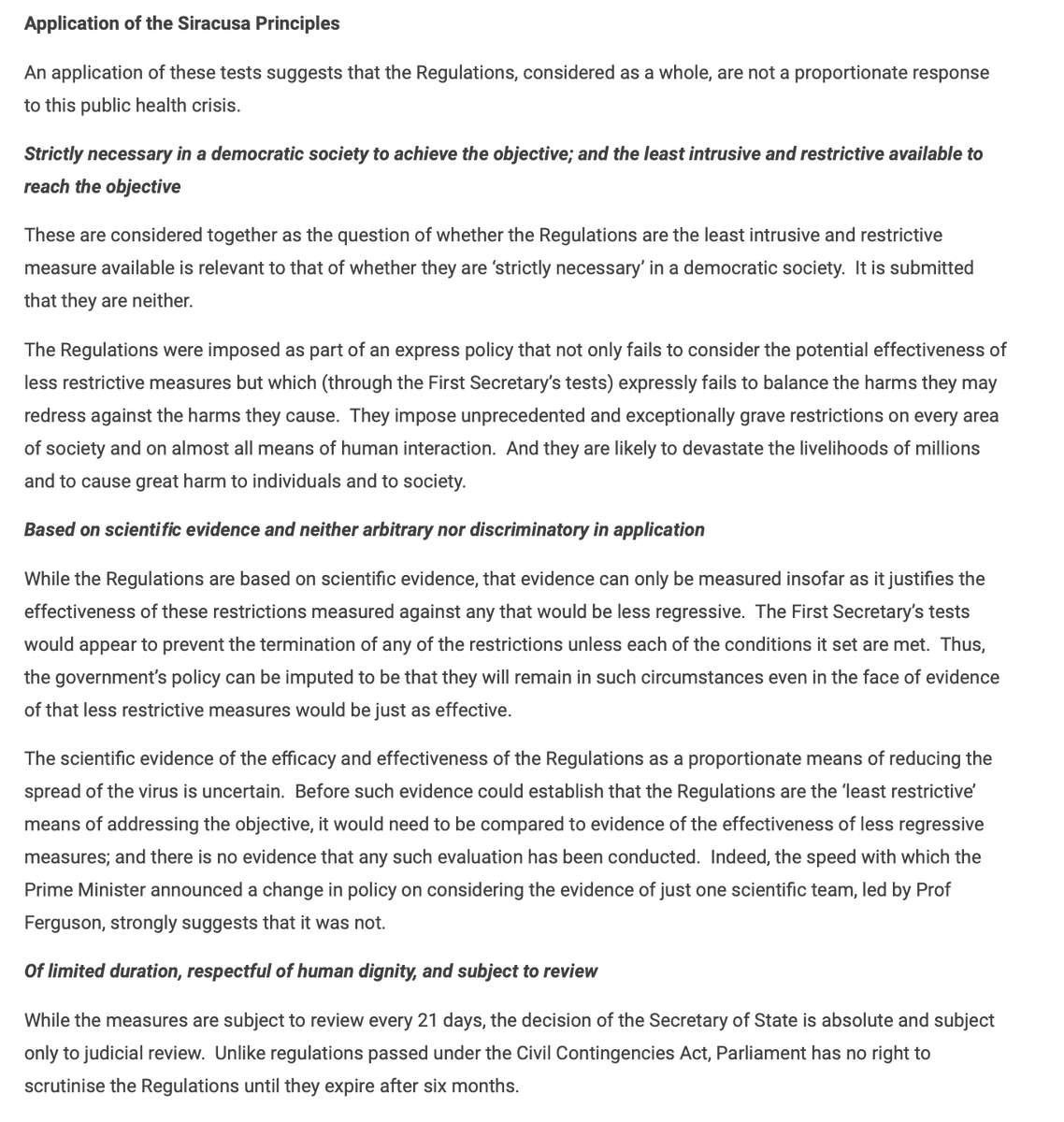 Here  @Francis_Hoar argues that the nationwide lockdown is not proportionate under human rights law. I expect a court, if looking at this, would give the government leeway to decide for itself but if it extends for many months, who knows?  https://ukhumanrightsblog.com/2020/04/21/a-disproportionate-interference-the-coronavirus-regulations-and-the-echr-francis-hoar/ /108