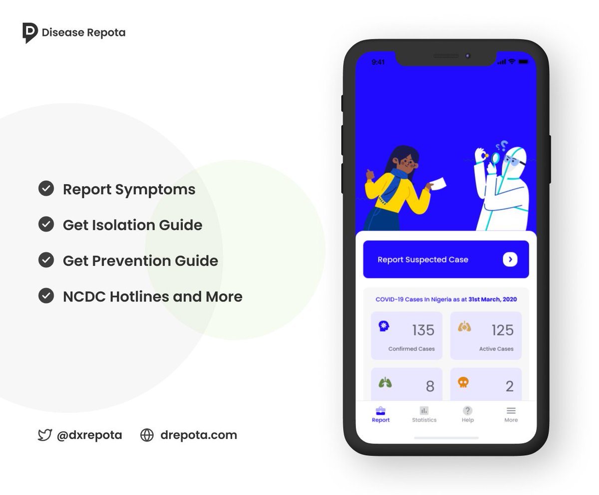 dxrepota's tweet photo. @NCDCgov @Fmohnigeria @FMICNigeria @NOA_Nigeria @nighealthwatch @EpidAlert @WHONigeria @UNDPNigeria Our team @motionwares volunteered and built a an app @dxrepota to allow citizens report Covid-19 suspected cases in real-time, it augument @NCDVgov hotlines if they aren't reachable. As contact tracing become more difficult, https://t.co/9xltaGH0LD handles reporting efficiently https://t.co/wkYmVoXTBf