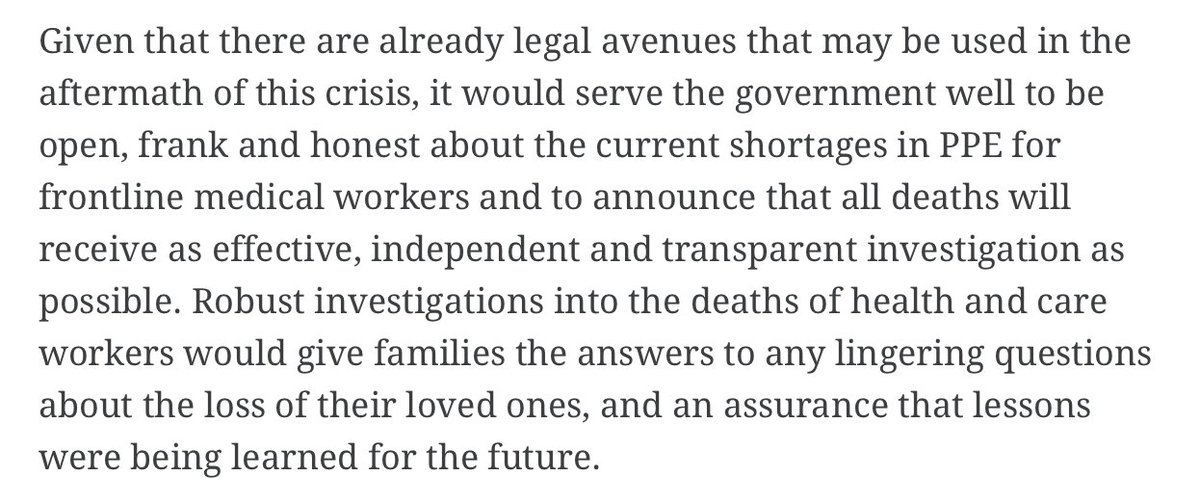 Here is a useful article on human right to life and what implications case law about MoD providing safe equipment to soldiers may have on future cases about medical staff not having PPE. Also, the important duty to investigate - agree with this  https://ukconstitutionallaw.org/2020/04/21/conall-mallory-the-right-to-life-and-personal-protective-equipment/ /107