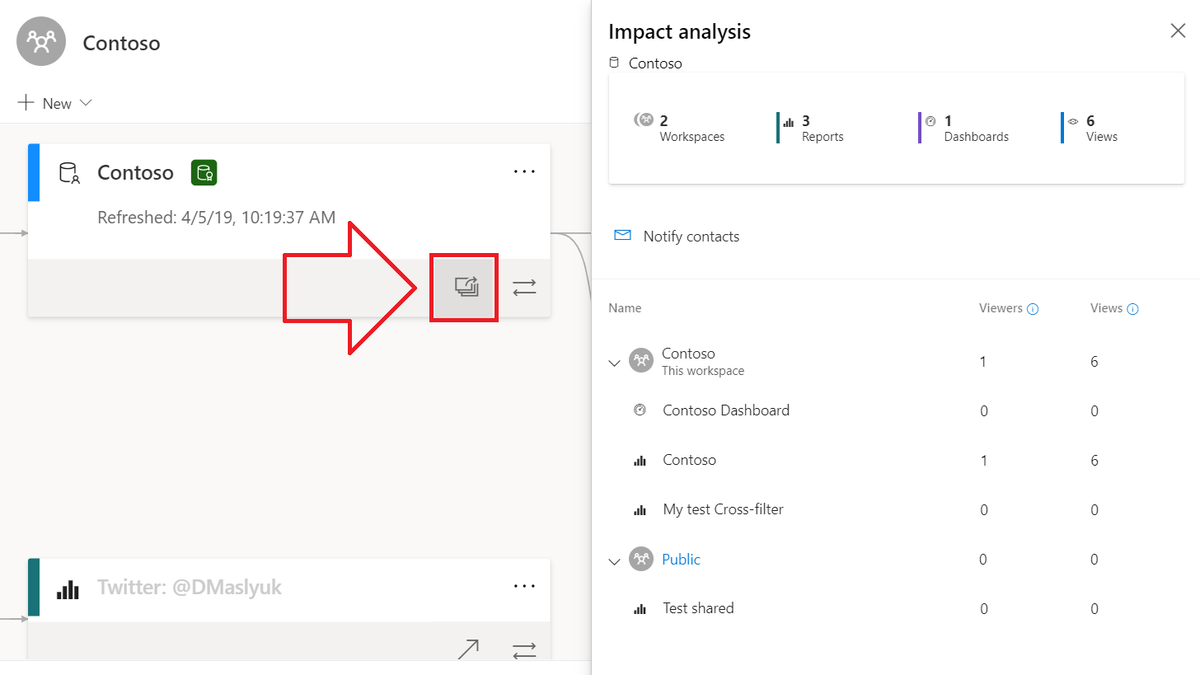 DMaslyuk's tweet photo. Made some potentially breaking changes to a #PowerBI dataset? You can now perform impact analysis and notify contacts! https://t.co/THl8szBEvH