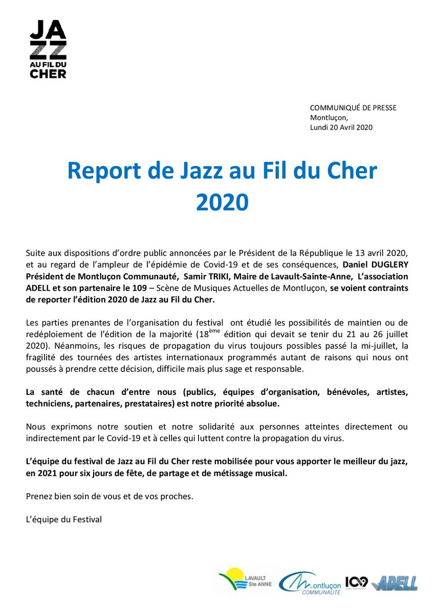 🔴 FESTIVAL JAZZ AU FIL DU CHER REPORTÉ A 2021 🔴
Suite aux dispositions d’ordre public annoncées par le Président de la République le 13 avril 2020, et au regard de l’ampleur de l’épidémie de Covid-19 et de ses conséquences, le festival Jazz au Fil du Cher est reporté à 2021.
