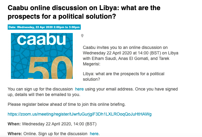 Caabu's tweet photo. Join us at 2pm today here in the UK (BST) for an online event on Libya and prospects for a political solution with @AGomati, @Elham_LFJL & @Tmegrisi.
This event is open to all. Details on how to sign up here: https://t.co/m3LmR359lY https://t.co/JPHivKAcOF