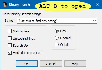MavLevin's tweet photo. 1) the strings window only has auto-identified strings, which misses some. 
Use ALT-B to search the whole binary, even places not identified as data regions. [2/5] #BinReversingTips https://t.co/AFPiU552oh