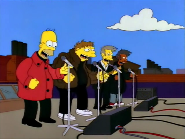 If the Let It Be movie is known for any one sequence, it's the rooftop concert — the Beatles' final live performance — with which it ends. As with much in the culture, I first came to know it through Simpsonian parody, when Homer and his barbershop quartet sing atop Moe's Tavern.