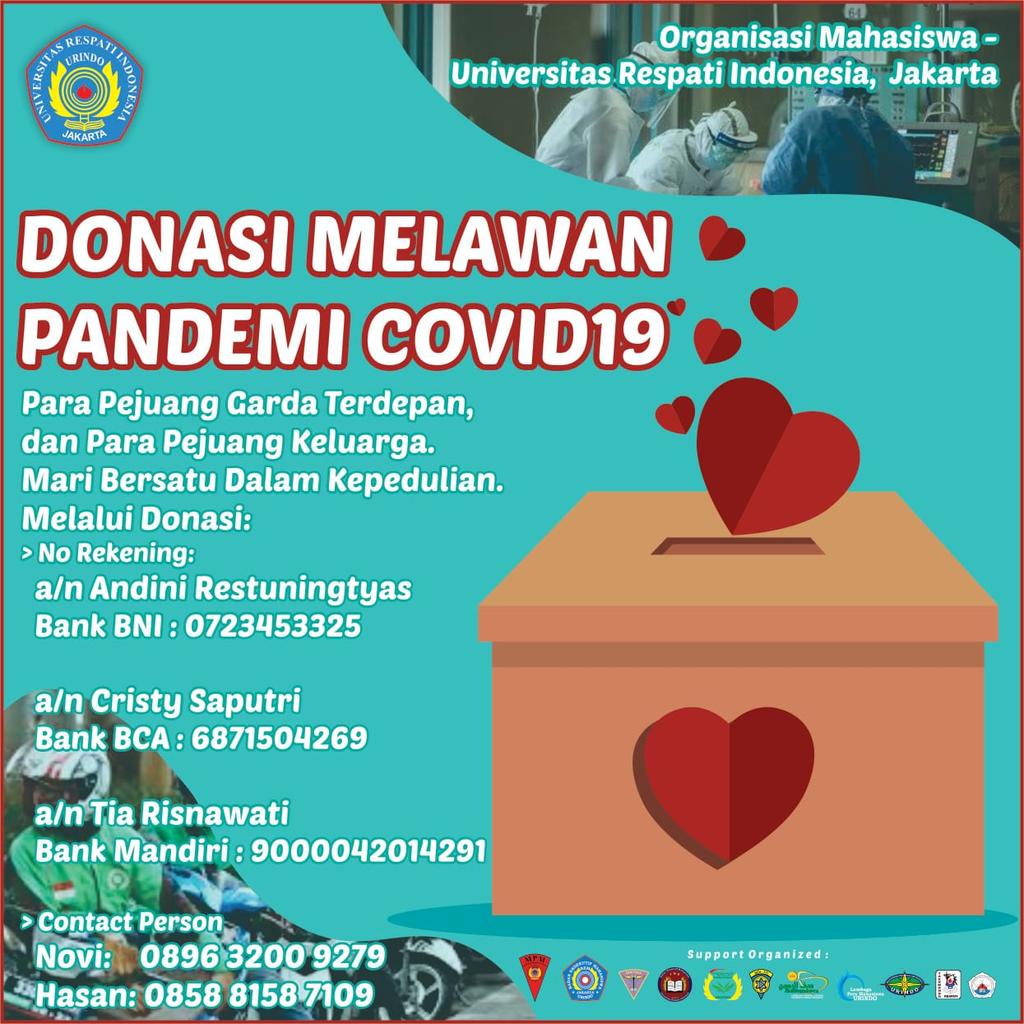 LPMURINDO's tweet photo. Assalamu'alaikum warahmatullahi wabarakatuh

Organisasi Mahasiswa Urindo mengajak kalian untuk ikut melawan pandemi Covid-19

📌 Alokasi dana yg terkumpul untuk:

1. Bantuan Alat Pelindung Diri (APD) untuk Tim Medis
2. Paket Sembako untuk Para Pekerja Harian Lepas https://t.co/ICPidyZi9f