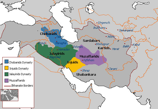 Before Timur’s conquest, post-Ilkhanid Iran was fragmented territory with multiple dynasties: Kartids (capital Herat), Sarbadars (Sabzevar), Muzaffarids (Shiraz), Jalairids (Tabriz)… And, as expected, they hated and fought each other. Iran was ripe for the picking fo/5