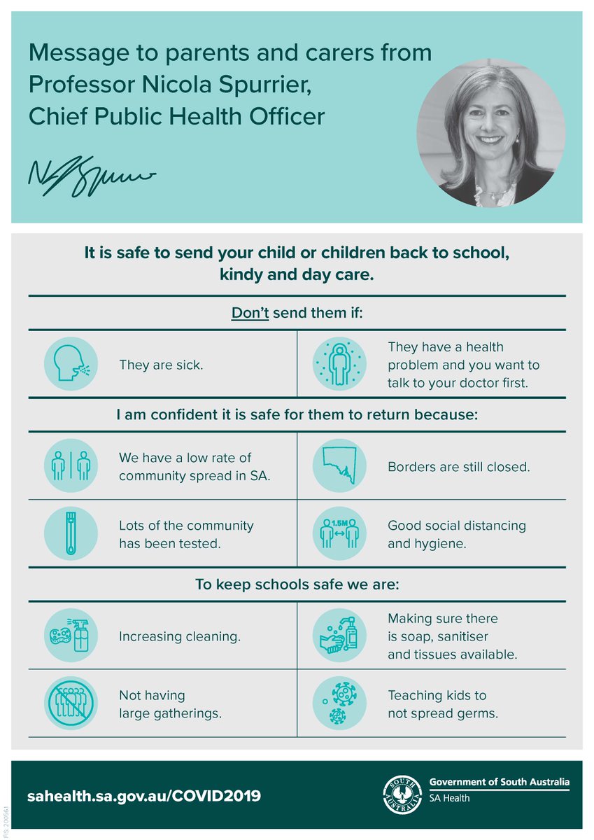 Students are encouraged to return to school for term 2. Advice from SA’s Chief Public Health Officer, AU’s expert health body &amp; the AHPPC remains unchanged. Schools &amp; preschools are low risk environments for COVID-19, &amp; should remain open. More at ow.ly/H4p750zl17P.