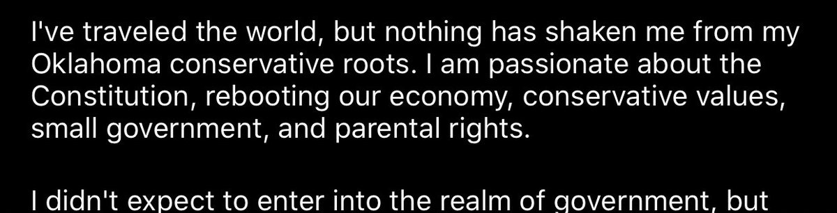 This one statement is carrying all the weight. She uses key words that sound big & important but says absolutely nothing. Let’s look at this line by line here: I’ve traveled the world but nothing has shaken me from my conservative OK roots. Ok? Are conservatives in OK diff?