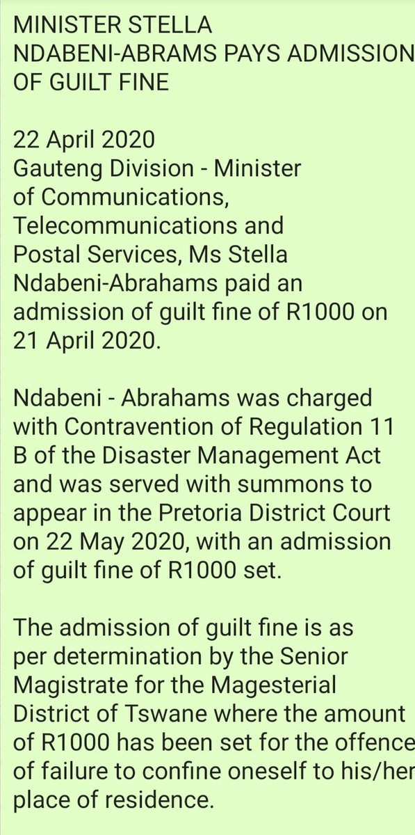 Chriseldalewis's tweet photo. #LockdownSA JUST IN: Communications Minister Stella Ndabeni-Abrahams has paid an admission of guilt fine of R1000 for breaching #LockdownSA regulations.
#sabcnews https://t.co/lrykRa8Gzu