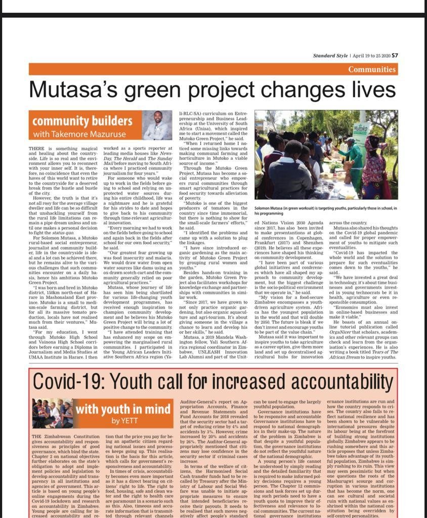 solomonmutasa's tweet photo. @TrevorNcube @KirstyCoventry @YALI_SAfrica @YALINetwork @WashFellowship @UNLEASHlab  It is such little efforts with big hearts that can bring about change in the world.
Were featured in @thestandardzim Community Builders Column. Lets mke the world greener for the next generation! https://t.co/nSk5sdvCue