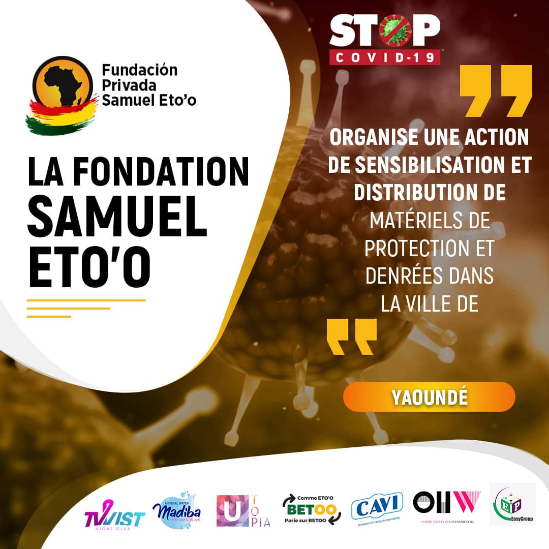 SamuelEtoo's tweet photo. Programme de Yaoundé / Yaounde Program

Soyons une contribution à la solution et non un problème! 

Let us be a contribution to the solution and not a problem! 
#STOPCOVID-19

@fundacionsamueletoo @betoo.cm @groupekadji @UTOPIAgrp https://t.co/SszaC3nbOX