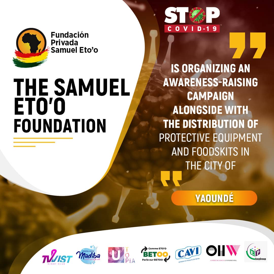 SamuelEtoo's tweet photo. Programme de Yaoundé / Yaounde Program

Soyons une contribution à la solution et non un problème! 

Let us be a contribution to the solution and not a problem! 
#STOPCOVID-19

@fundacionsamueletoo @betoo.cm @groupekadji @UTOPIAgrp https://t.co/SszaC3nbOX