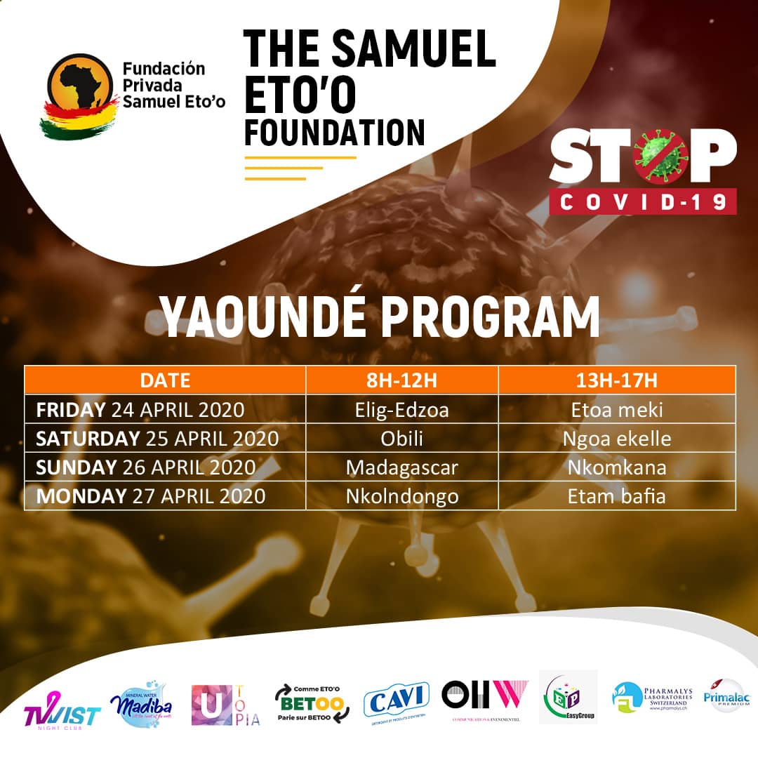 SamuelEtoo's tweet photo. Programme de Yaoundé / Yaounde Program

Soyons une contribution à la solution et non un problème! 

Let us be a contribution to the solution and not a problem! 
#STOPCOVID-19

@fundacionsamueletoo @betoo.cm @groupekadji @UTOPIAgrp https://t.co/SszaC3nbOX