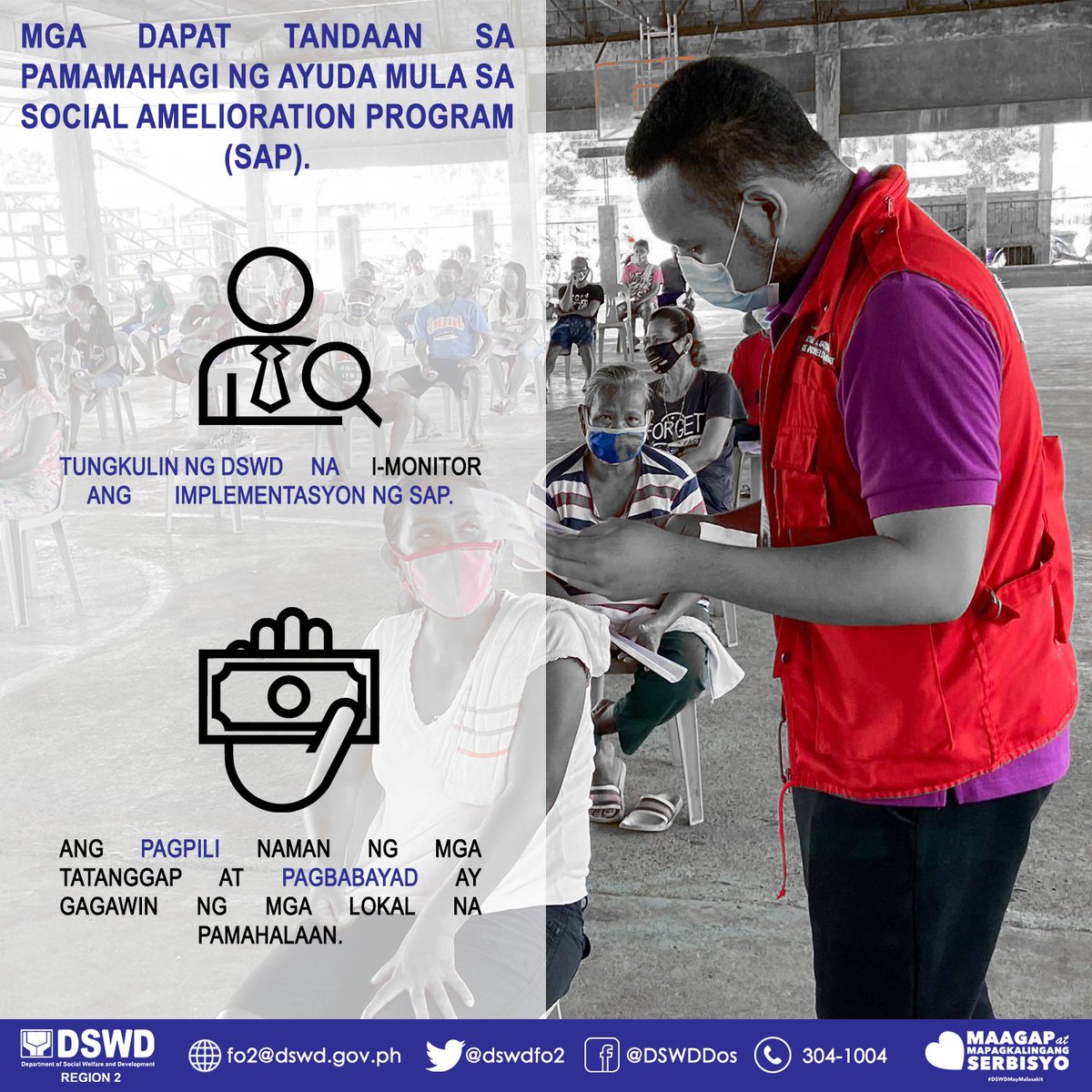 dswdfo2's tweet photo. Narito ang mga impormasyong kailangang malaman sa pamamahagi ng ayuda sa ilalim ng Social Amelioration Program (SAP). @dswdserves #DSWDMayMalasakit https://t.co/r3fm2qSXWA