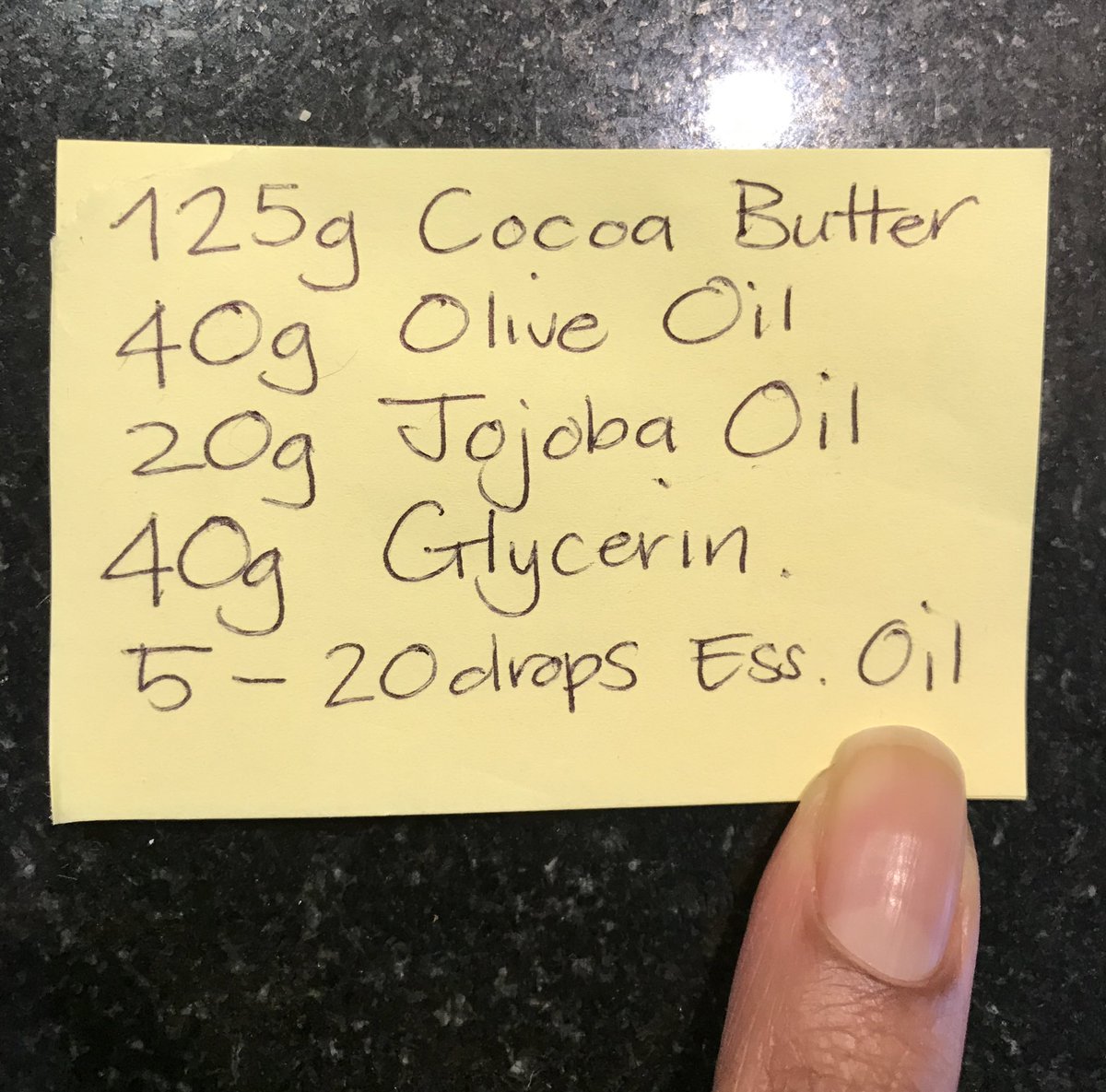 Ingredients: *note: Glycerin and essential oils are optional. Basically you just need two ingredients i.e. 3/4 Cocoa Butter and 1/4 any other oil of your choice. I add glycerin to keep moisture from shower on my skin.