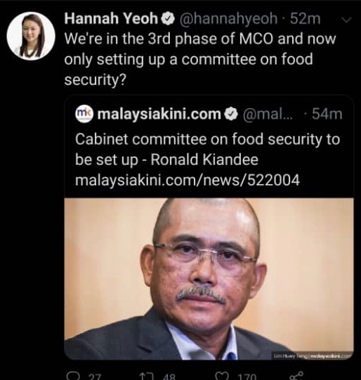 ExtraExcetra's tweet photo. @hannahyeoh You do know that this is long term plan right? ICYMI, MKN and relevant ministries are monitoring food supply daily this whole MCO. Please dont disappoint us with this stupid display of blind criticism. An ex minister shouldve known better. https://t.co/QU1gXXZGFy