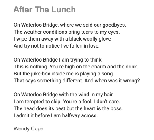 105 After The Lunch by Wendy CopeRead and reproduced here by kind permission of the author #PandemicPoems  https://soundcloud.com/user-115260978/105-after-the-lunch-by-wendy-cope