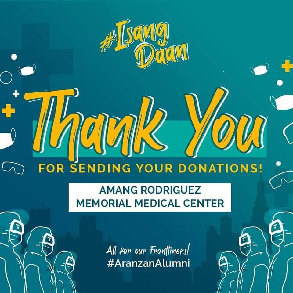 aranzanalumni's tweet photo. Through your donations, we were able to deliver 250 surgical masks to Amang Rodriguez Memorial Medical Center. 

Let’s continue to support our healthworkers! Support our #IsangDaan Aranzan Alumni Donation Drive. See posters for details 👇

#AranzanAlumni https://t.co/JTTco2mAbC