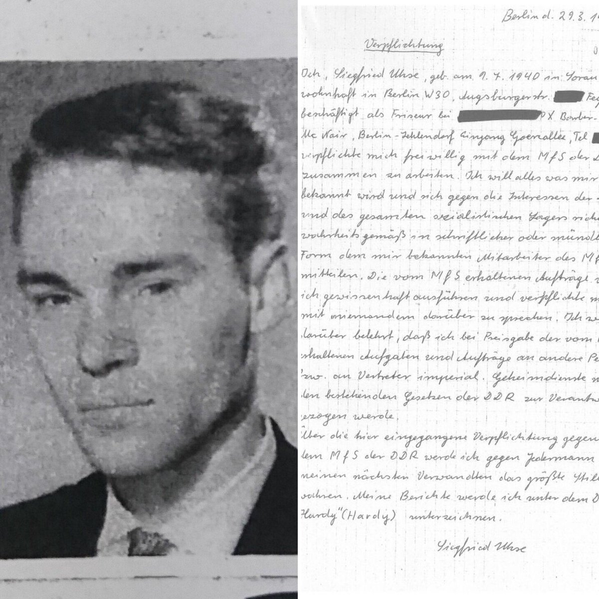 Siegfried Uhse, the gay hairdresser blackmailed into becoming a Stasi spy. And here’s that “letter of commitment” I mentioned in the podcast, which he wrote when he agreed to become an informant.