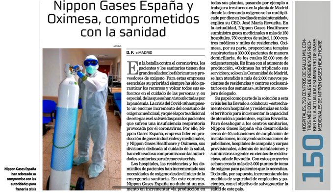 OximesaNG's tweet photo. 🗞 El CEO de @NipponGasesEsp, Jose María Revuelta, en #ATuSalud de @larazon_es: "Colaboramos estrechamente con hospitales y residencias de todo el territorio nacional para incrementar la capacidad de atención al paciente" #TuNecesidaNuestroCompromiso #HéroesDelOxígeno https://t.co/eWJgQSqFZ4