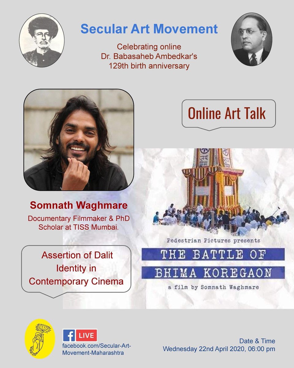 A talk by Somnath Waghmare on the ‘Assertion of Dalit Identity in Contemporary Cinema’ at 6pm, live on Secular Art Movement Maharashtra’s FB page.  #India  #Dalits  #Cinema  #Art  #onlinetalk  #representation