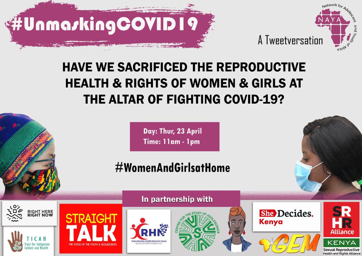 On 23th April 2020, As from 11 am- 1pm we shall have a tweetversation bringing to light the emerging SGBV cases on the rise due to #Covid_19 pandemic.
Save the date : #WomenAndGirlsAtHome #SRHRisEssential #BreakingTheBarriers