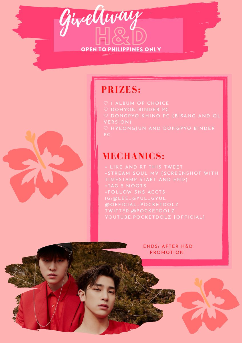 [RT/LIKe]  GIVEAWAYTo celebrate H&D DebutI will giveaway:1 ALBUM of choice (Any fandom can join)1 Dohyon binder PCDongpyo Airkit PC both versionDongpyo and Hyeongjun Binder PC 1 winner of each  More entries, more chances of winningRead the poster for mechanics